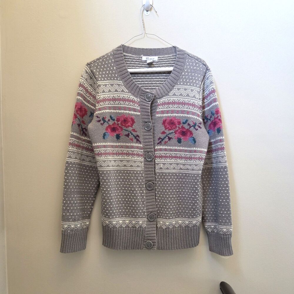 The Tog Shop Wool Blend Floral Rose Grey Cardigan Sz M Fair Isle Nordic Cottage
